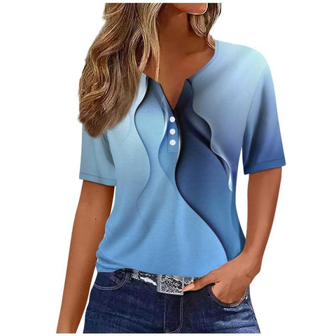 V-neck three-button 3D printed short-sleeved women's top m300617