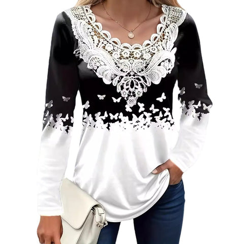 Digital printing lace round neck hollow top m300654