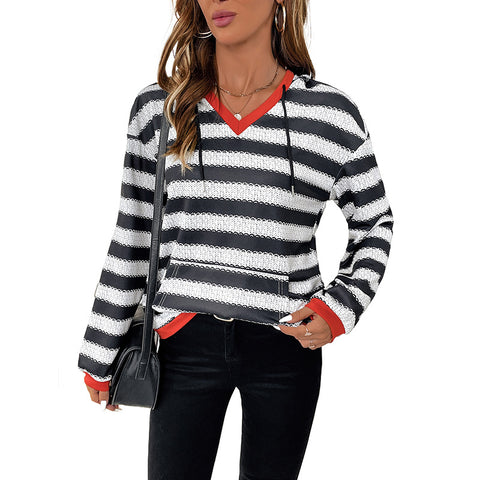 Black and white striped sweater autumn new pullover hooded casual versatile sweater women m300813