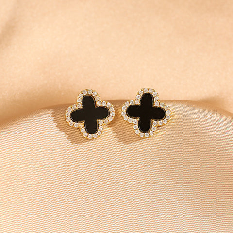 Gold Full Diamond Clover Necklace for Women with Black and White Double sided Design, Minimalist Earrings, Ring Jewelry M5010663