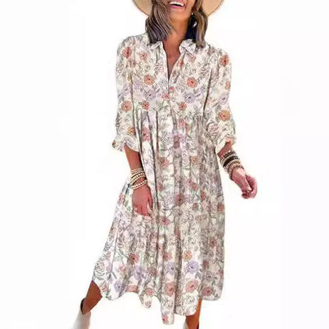 Loose long-sleeved V-neck women's bohemian floral elegant A-shaped dress m300573