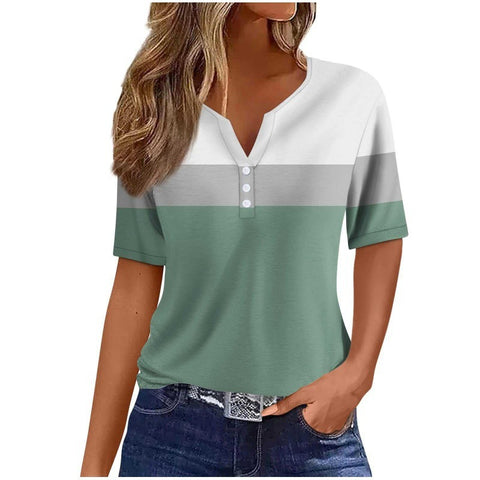 V-neck three-button 3D printed short-sleeved women's top m300617