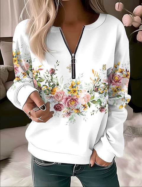 Printed V-neck zipper loose knitted shirt m300663