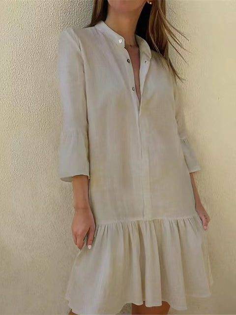 Stand-up collar button-down nine-quarter sleeve shirt cotton pleated hem dress m300679