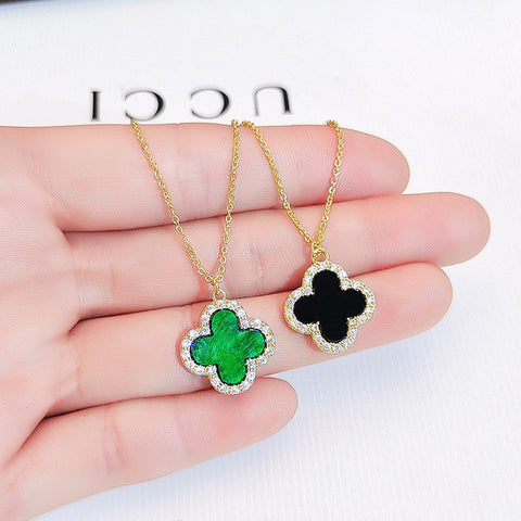 Gold Full Diamond Clover Necklace for Women with Black and White Double sided Design, Minimalist Earrings, Ring Jewelry M5010663