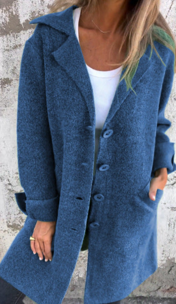 Women's solid color lapel with pocket cardigan single-breasted medium and long coat m300614