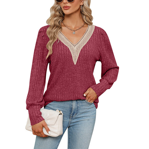 Women's V-neck lace loose pit strip polished loose long-sleeved T-shirt m300519