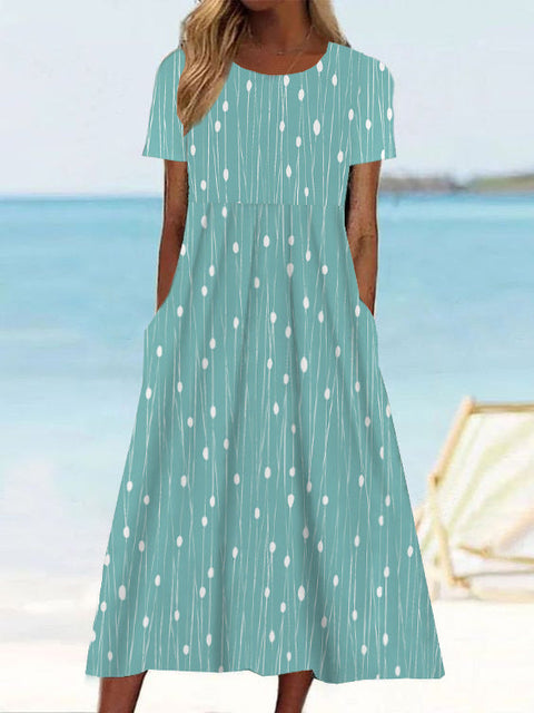 Summer new mid-waist ladies & casual round neck printed swing dress m300040