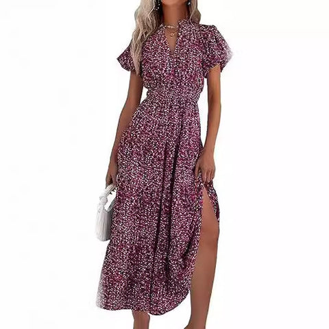 V-neck bubble pleated printed short sleeved dress m300104