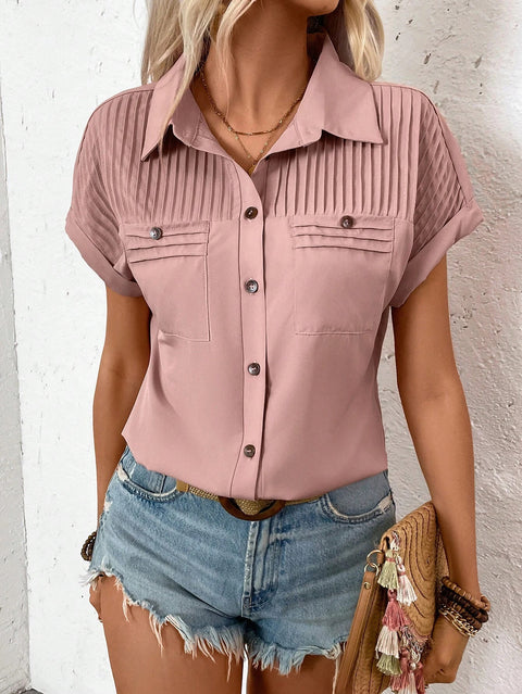 Buckle lapel shoulder pleated pocket shoulder short-sleeved top inch shirt T-shirt women's m301029