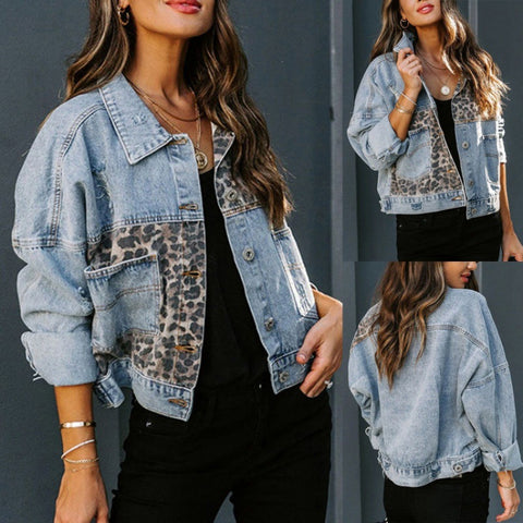 Denim jacket women's long-sleeved denim jacket women's leopard print splicing m300582