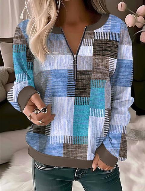 Printed V-neck zipper loose knitted shirt m300663