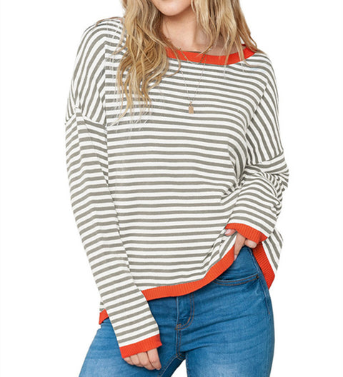 Striped Contrast Design Shoulder Long Sleeve Top m300491