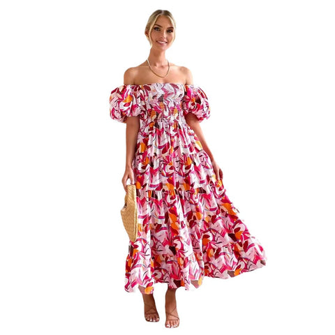 Puff Sleeve Holiday Slim Looking Long Dress off-Shoulder Printed Dress Female M300282