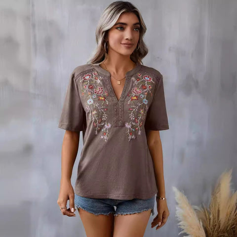 10,000-Needle Embroidered Splicing Lace Top Women's T m300884