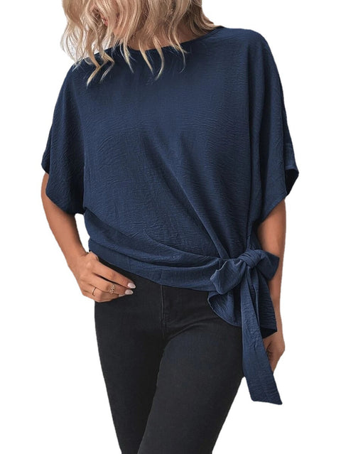 Solid color bat wing sleeve hem knotted loose top m301016