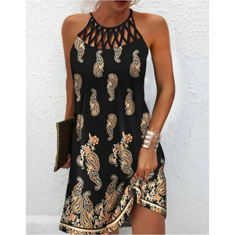 round Neck Hollow-out Collar Slim Fit Sleeveless Halter Printed Dress M300192