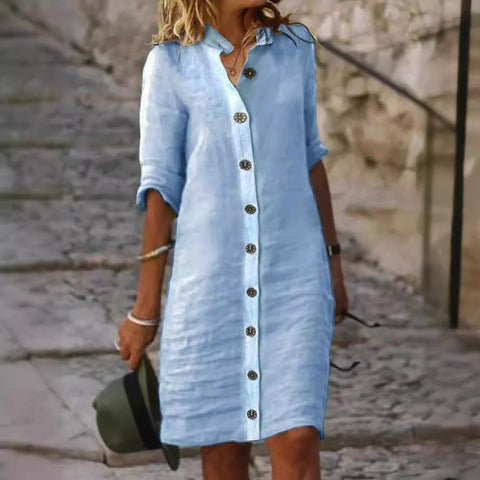 Shirt Collar Half Sleeve Large round Buckle Cotton and Linen Dress M300218