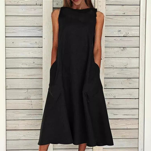 round Neck Sleeveless Double Pocket Dress M300157