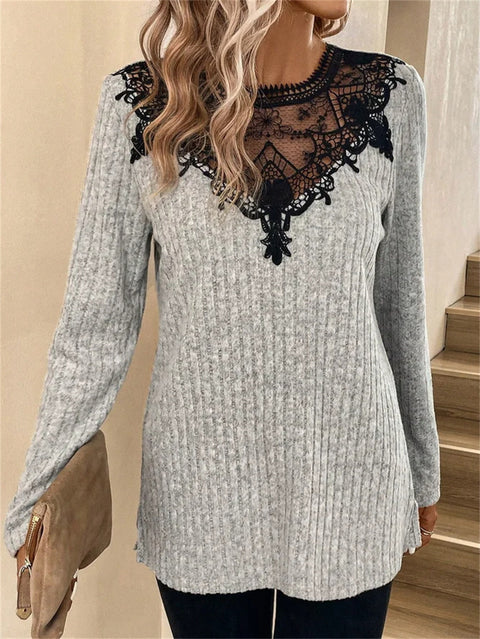 Comfort and Casual Hollow out See-through Lace Stitching Long-Sleeved Top M300173