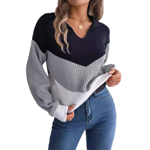 Casual lapel contrasting color long-sleeved knitted pullover sweater m300571