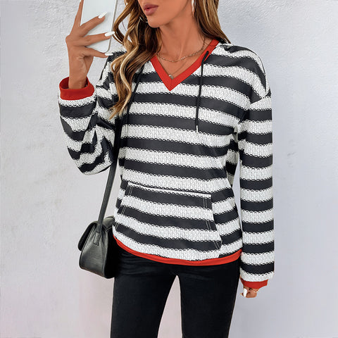 Black and white striped sweater autumn new pullover hooded casual versatile sweater women m300813