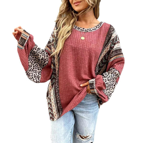 Casual shirt contrasting striped round neck bag sleeve loose sweater women's upper m301015