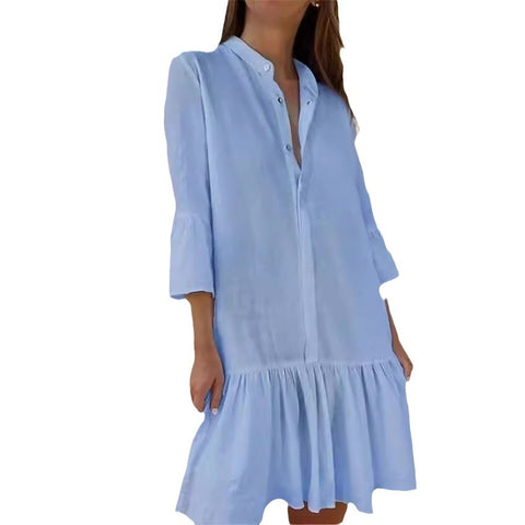 Stand-up collar button-down nine-quarter sleeve shirt cotton pleated hem dress m300679