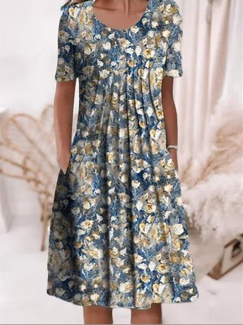 Spring/Summer Flower Printed Round Neck Pocket Mid length Dress for Women's Clothing m300037