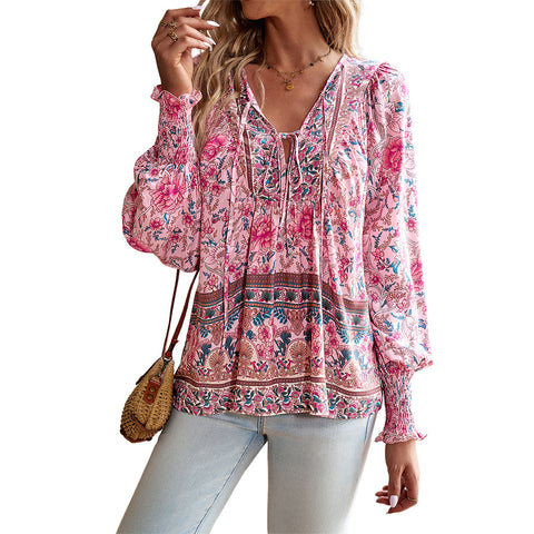 Printed shirt temperament foreign trade v-neck long-sleeved top m300866