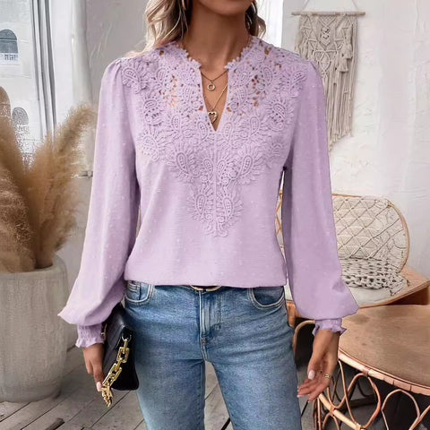 Fashion V-neck lace solid color long-sleeved casual women's top m300947