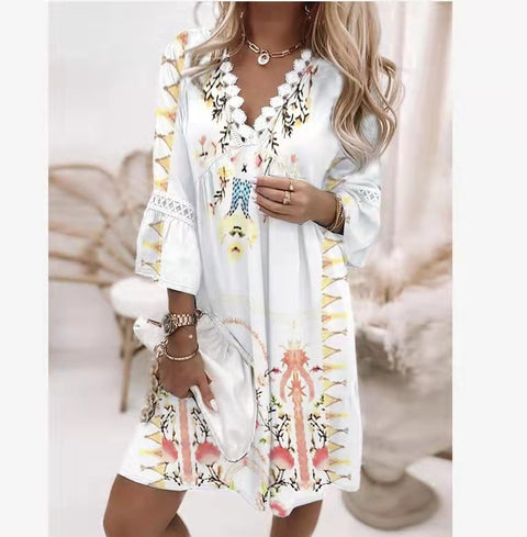 V-neck Printed Lace Stitching Bohemian Casual Vacation Style Dress M300213