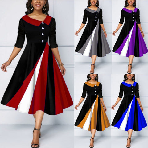 Button embellished 3D printed pendulum five-quarter sleeve long dress m300864