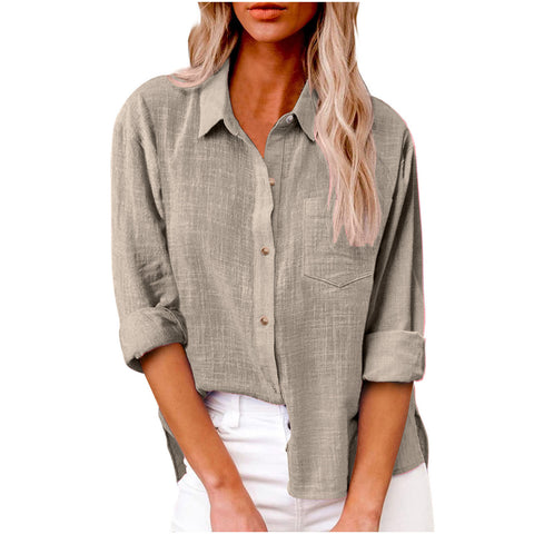 Autumn pocket long-sleeved women's cotton and linen shirt m300463