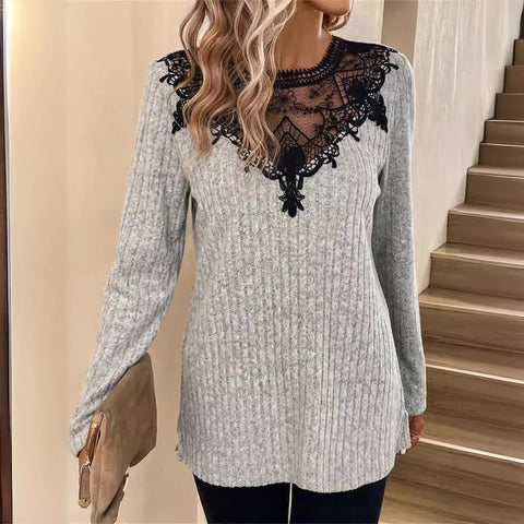 Comfort and Casual Hollow out See-through Lace Stitching Long-Sleeved Top M300173