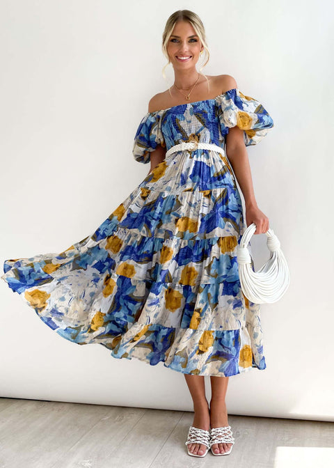 Puff Sleeve Holiday Slim Looking Long Dress off-Shoulder Printed Dress Female M300282