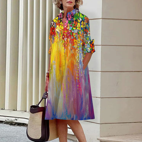 Gentle wind floral 3D digital printing single row open button shirt dress m300914