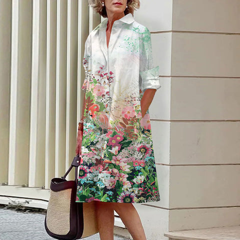 Gentle wind floral 3D digital printing single row open button shirt dress m300914