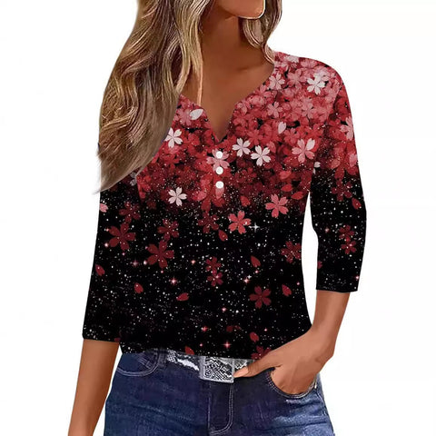 V-neck three-button seven-quarter sleeves, floral smudge printing, fashionable and casual loose women's clothing m300565