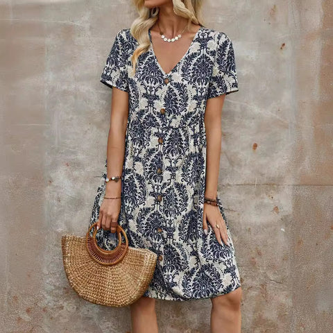 Fashion printed V-neck short-sleeved loose medium dress m301014