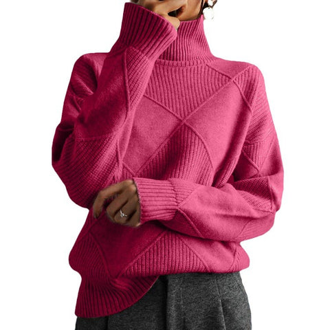 Pullover loose temperament commuter knitted sweater solid color turtleneck rhombus fashion sweater women's m300510