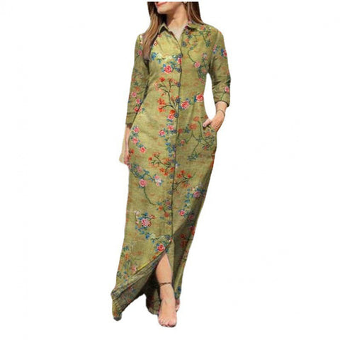 Women's Casual Positioning Printing Pocket Lapels Collar Button Length Dress M300186