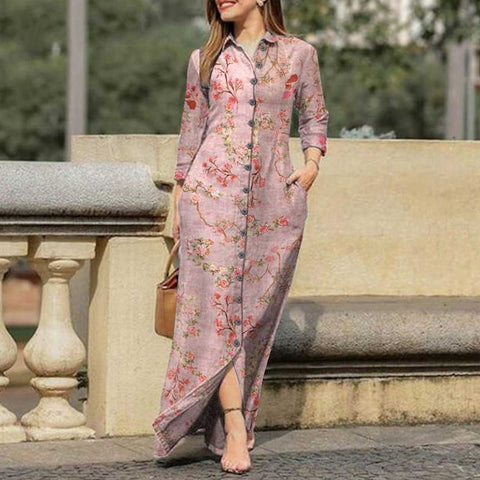 Women's Casual Positioning Printing Pocket Lapels Collar Button Length Dress M300186