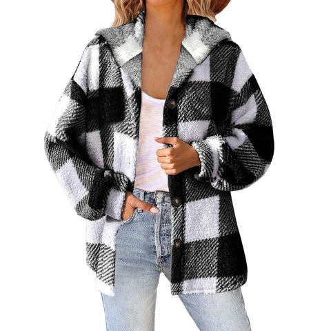 Printed plaid hooded button jacket plush thermal jacket women m300438