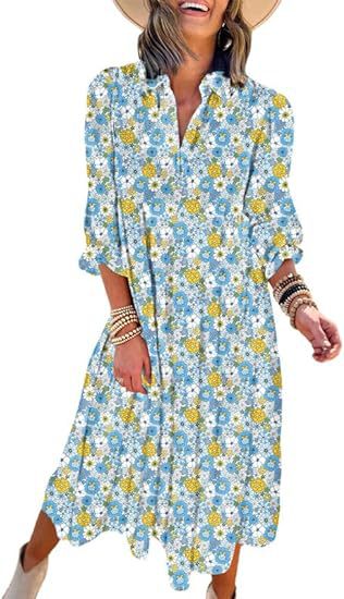 Loose long-sleeved V-neck women's bohemian floral elegant A-shaped dress m300573