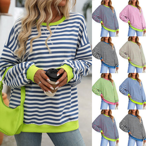 Color striped crew neck loose sweatshirt sweater women m300961