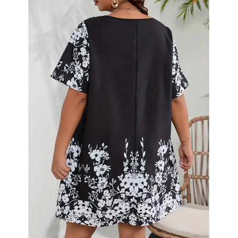 Loose Comfort and Casual Printed Stitching Mesh Short Sleeve Dress M300199