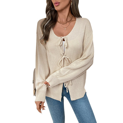 Casual loose and versatile knitted sweater lace-up solid color sweater m300793