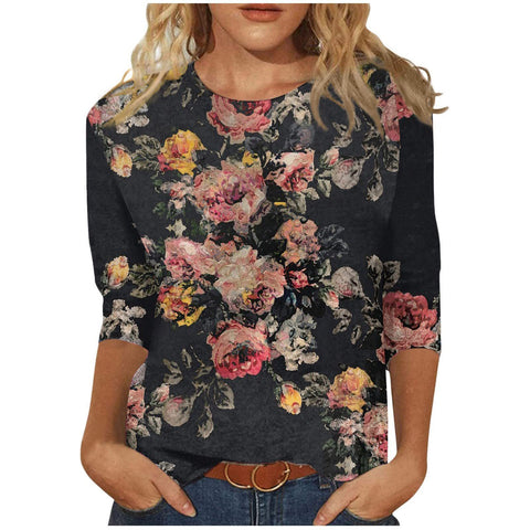 Seven-quarter sleeve plant flower 3D printing crew neck pullover m300615