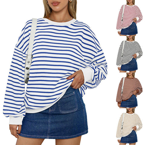 Autumn and winter new color striped crew neck loose sweatshirt sweater m300527